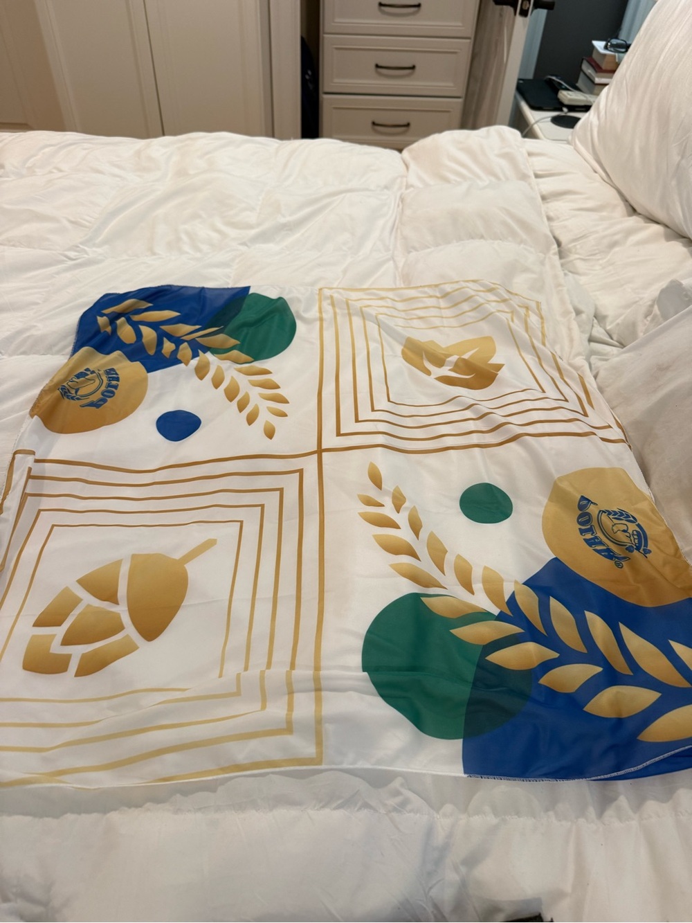 Decorative White Scarf with Gold Leaf and Green-Blue Accents